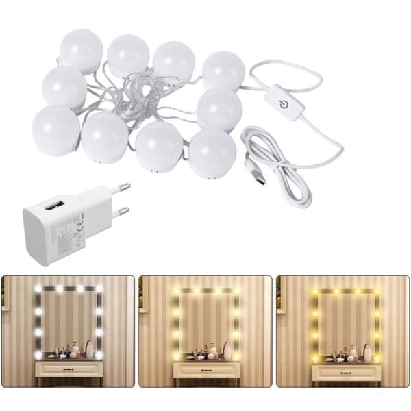 Speillyssett – 10 dimbare LED-pærer for baderomsspeil – 3 fargemoduser – Inkluderer adapter