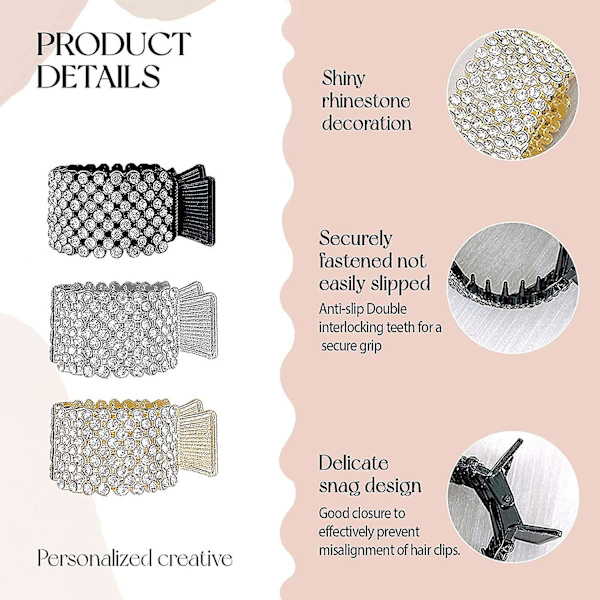 3 st Rhinestone hårklämma, hästsvans spänne hårklämma, metall hög hästsvans klo klämma för kvinnor tjockt långt hår