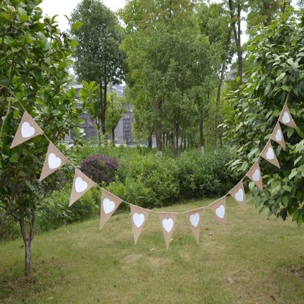Vintage-kangas Hessian Bunting Rustiikki Burlap Banner Häät Juhlat Syntymäpäiväkoriste Valkoinen Rakkaussydän (Kolmionmuotoinen lippu)