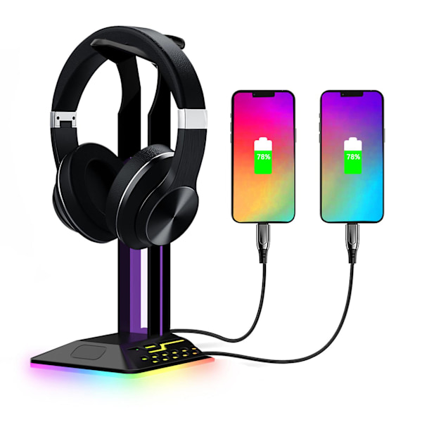 1 Sett Hodetelefonholder 2-i-1 7 RGB Lyseffekter Lysende Sklisikker Base Kabelkrok Atmosfære Belysning med 2 USB-porter Skrivebord Gaming Headset Stativ PC