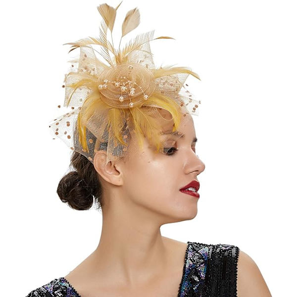 Fascinator Hat for Women Ladies Wedding Fascinators Tea Party Hat Flapper Pillbox Hat Ascot Race Hat Feather Flower(khaki) khaki