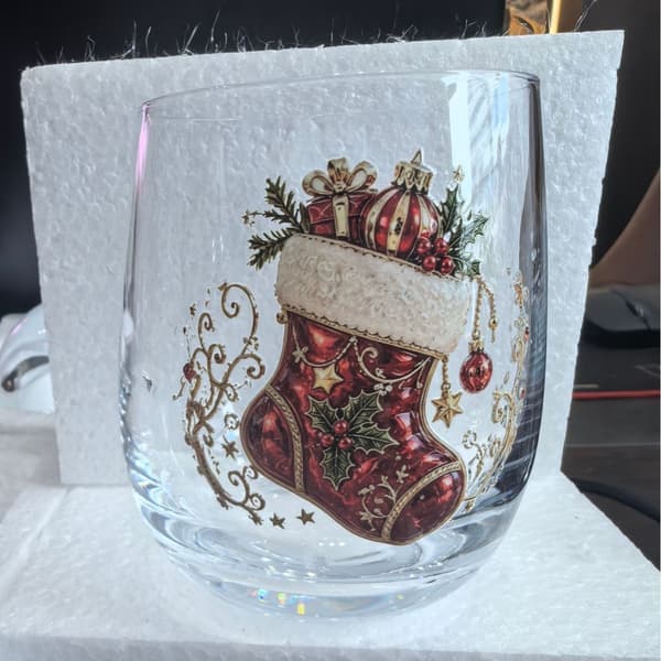 Julglaskonstkopp 300ml, festligt dricksglas, julklappsglas Christmas stocking