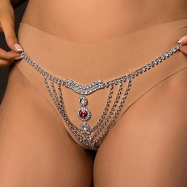 Boho Rhinestone Underkläder Silver Kedja Kristall Stringtrosor Bikini G-string Kroppssmycken Tillbehör för kvinnor och flickor