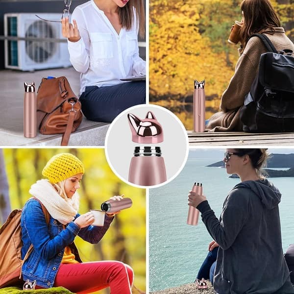 Søt kattevannflaske, isolert termisk vakuumvannflaske Pink