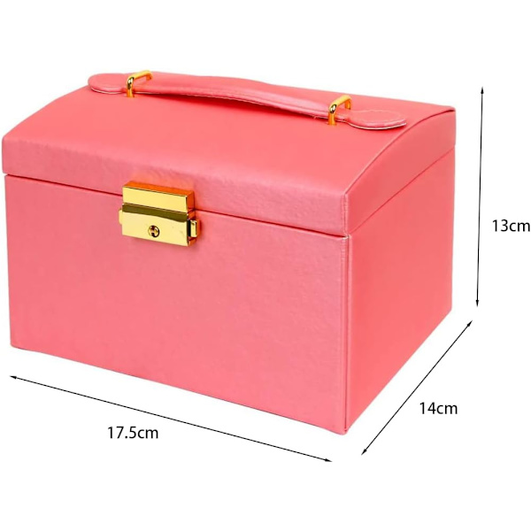 Smykkeæske, Smykkearrangør, 3 Lag PU Læder Smykkeopbevaringsboks med Spejl og Lås, til Ringe Armbånd Øreringe Halskæder, Pink