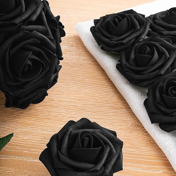 Kunstige blomster 25 stk falske roser med stilker og 2 blader for DIY bryllupsbuketter festdekor black