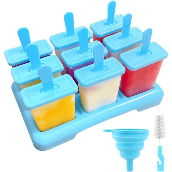 Popsicle Form med pinde, 9 hulrum Popsicle Form, BPA-fri fødevarekvalitet, DIY Creative Popsicle Form med rensebørste, tragt (tilfældige farver)