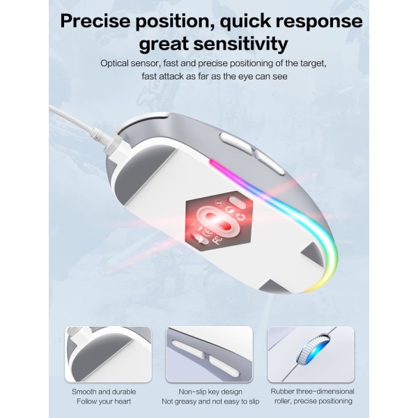 Katt tass RGB spelmus, tyst optisk datormus USB-kabel med 6 justerbar DPI upp till 7200, RGB-belysning, 6 programmerbara knappar, vit