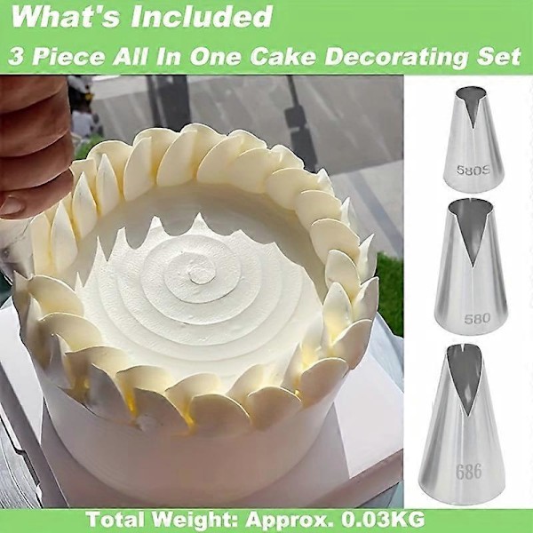 3 stk., V-formede konditor-tipper i rustfritt stål for perfekt dekorerte cupcakes og kjeks - Santa Anna glasurmunnstykker for frosting og pufflaging - Ess
