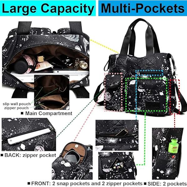 Tote taske til kvinder, stor kapacitet top håndtasker med multi lommer og lynlås, lette dame skuldertasker, nylon crossbody (sort stjernehimmel) Black