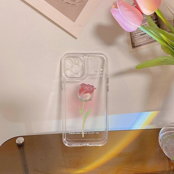 Blommig Mobilskal Kompatibelt med iPhone 12, Sött Estetiskt Klart Tulpan Mobilskal för Kvinnor Flickor Clear Rose iphone 14 plus case