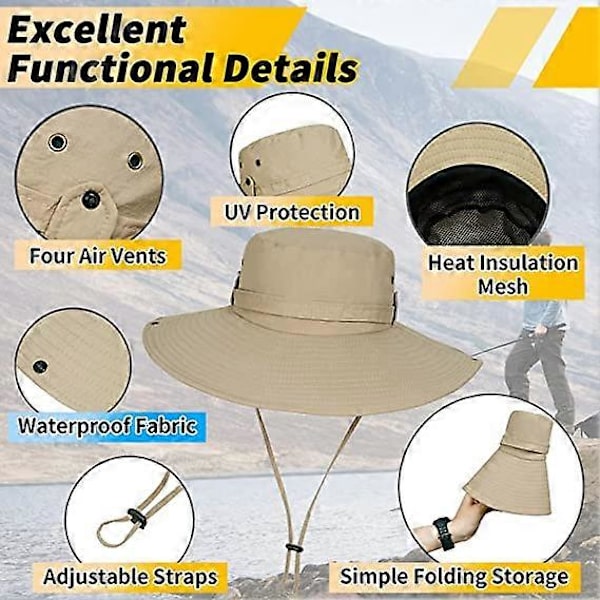 Solhatt for menn, UPF50 Vanntett Bredbremmet Boonie-hatt Solhatt Fiskehatt for Safari Vandring Strand Hage Grey