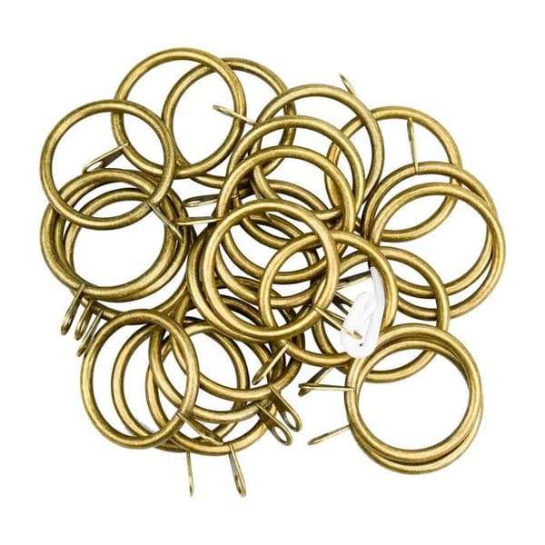 24 gardinringe og kroge i metal (messing og rustfrit stål), indvendig diameter 30 mm.