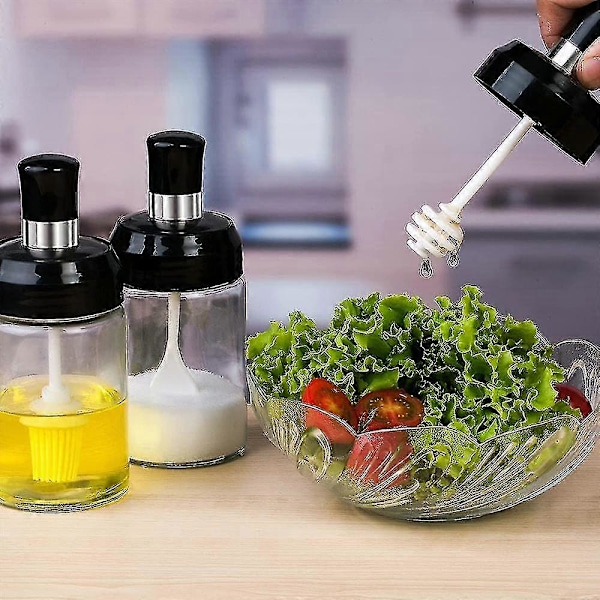 Sauskrukke Gjennomsiktig Glass Kombinasjon Skje Med Lokk Beholdere Oppbevaring Krydder Salt Sukker