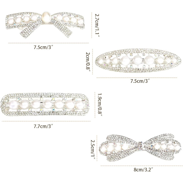 Hårspenner - 4-pak franske spenner hvite perle rhinestone hårklips glir - sløyfe sommerfugl automatiske hårspenner for kvinner