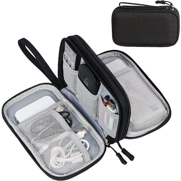 Dobbeltlags elektronikktilbehørsveske-arrangør for kabler, universell bærbar reisegadgetveske for kabler, powerbank, USB-stasjon, lader harddisk A-black