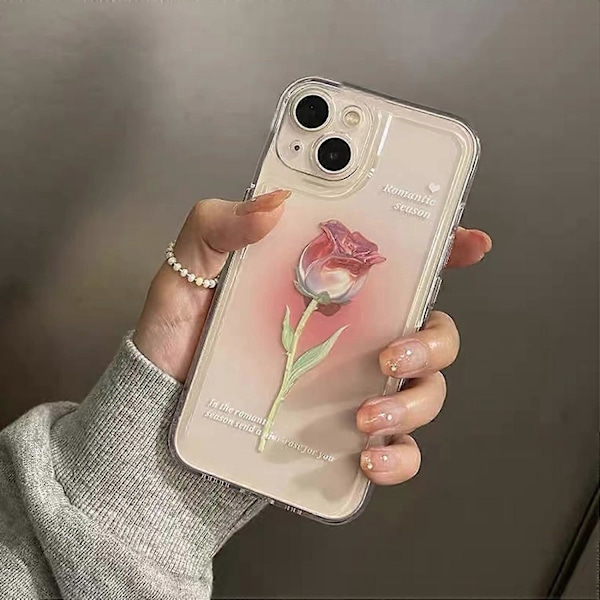 Blommig Mobilskal Kompatibelt med iPhone 12, Sött Estetiskt Klart Tulpan Mobilskal för Kvinnor Flickor Clear Rose iphone 13 pro max case