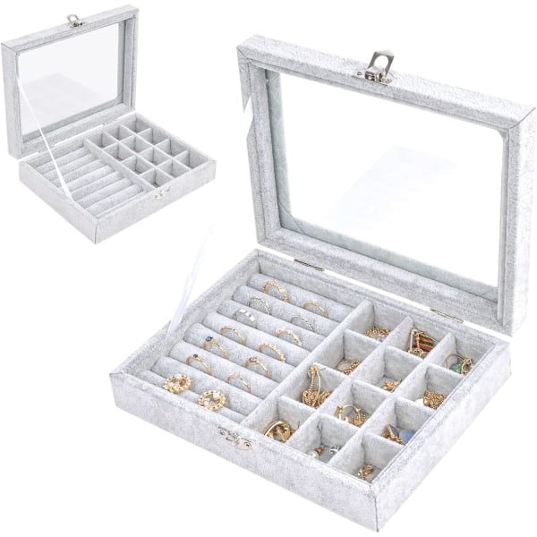 Smykkeopbevaringsæske, smykkeudstillingsboks med glaslåg, multifunktions smykkeopbevaringsboks, smykkemontre til smykker (grå)