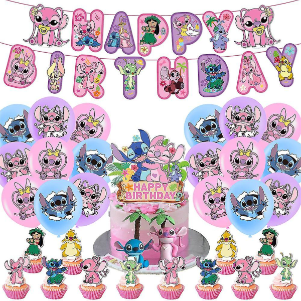 Disney Lilo & Stitch Födelsedagsfestdekoration för barn, tecknade temafester och tillbehör, rekvisita för lokalens layout, innehåller ballonger, banderoll, tårta T
