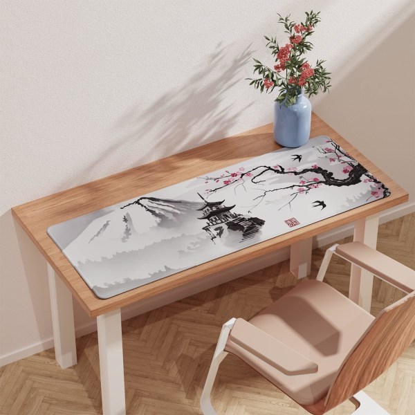 Japansk Cherry Blossom-musemåtte (31,5 × 11,8 × 0,12 tommer) Forlænget stor musemåtte Skrivebordsunderlag, musemåtte med syede kanter, Gaming-musemåtte XL