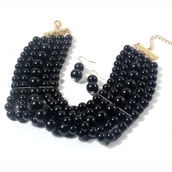 Vintage Perlekæde og Hængende Øreringe Multi-Strand Perle Choker Smykker Black