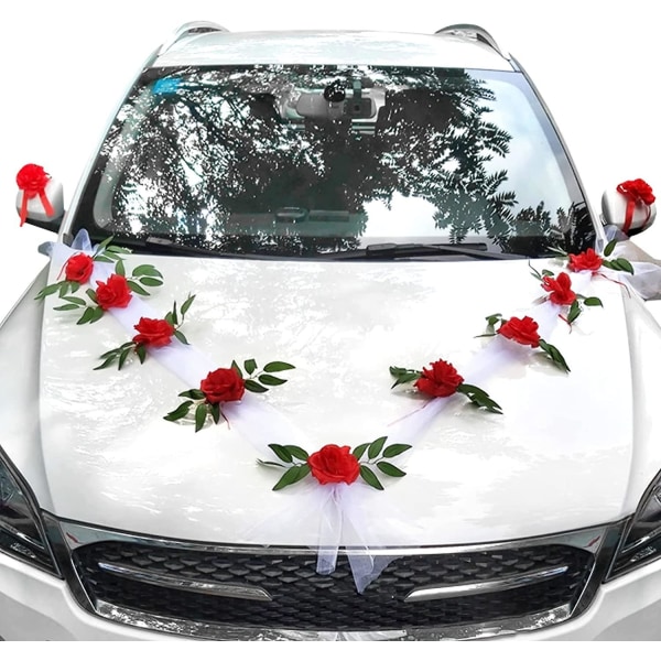 Nauha-hääauto, hääauton nauhasarja, punaisen ylellisen romanttisen ruusun hääautokoristeet, perhoshääauton koristeet häihin, juhliin, uusi