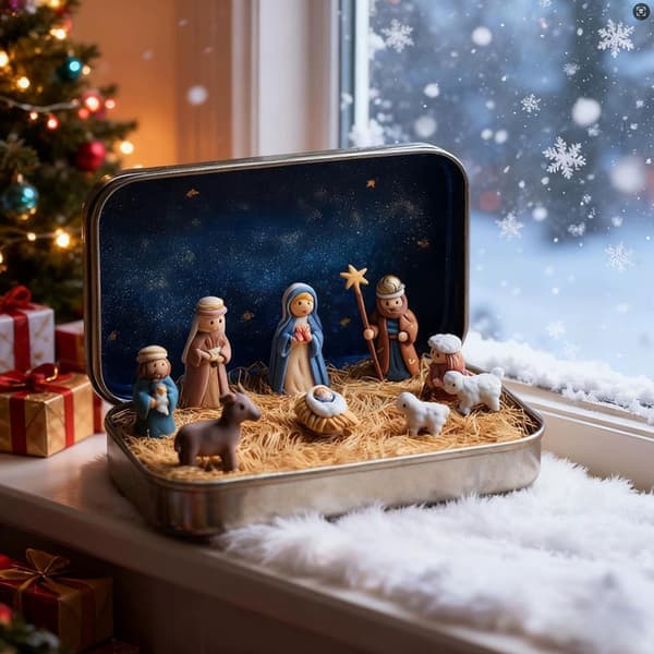 Miniatyrkrubba i plåtlåda, bärbar fickstorlek, presentförpackning med krubbfigur 2pcs
