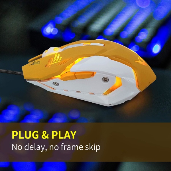 Gamingmus, 7 farger bakgrunnsbelyst optisk spillmus ergonomisk USB kablet med 2400 DPI og 6 knapper 4 skyting for datamaskin/Win/Android/iOS. (Gul)