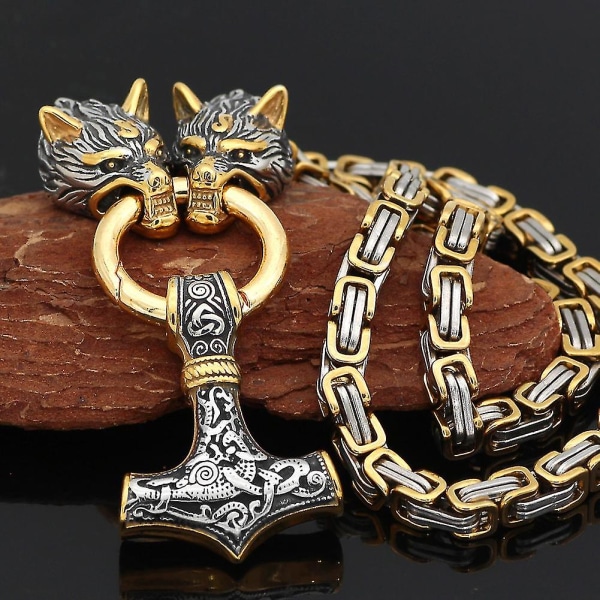 Rustfritt stål Viking ulvehode dobler farge Thors hammer anheng skinnkjede herrehalskjede smykker