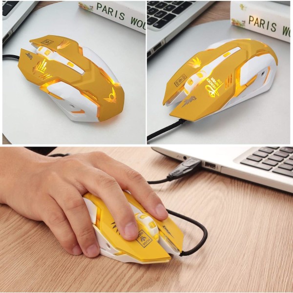 Gamingmus, 7 farger bakgrunnsbelyst optisk spillmus ergonomisk USB kablet med 2400 DPI og 6 knapper 4 skyting for datamaskin/Win/Android/iOS. (Gul)