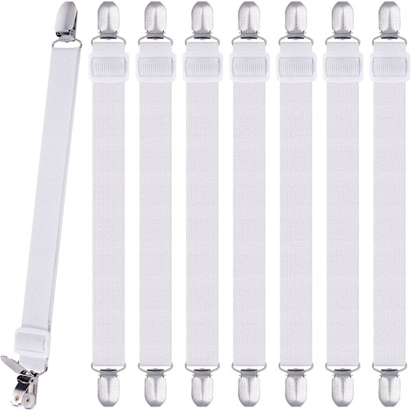 8 st sängklädesklämmor, justerbara sängklädesgripare, högelastiska lakan med spännen, lakanfästen max stretch 120 cm, lakanhållare White