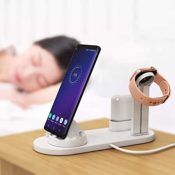 4 i 1 Opladningsstation Multi-enheds Trådløs Opladningsstation 3 i 1 Multi-enheds Oplader Til Iphone Samsung Airpods Iwatch-hvid