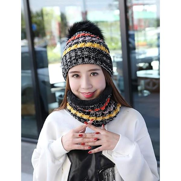 Vinterstrikket Hætte og Halsklæde Sæt til Kvinder Beanie Hat med Pom Pom Black