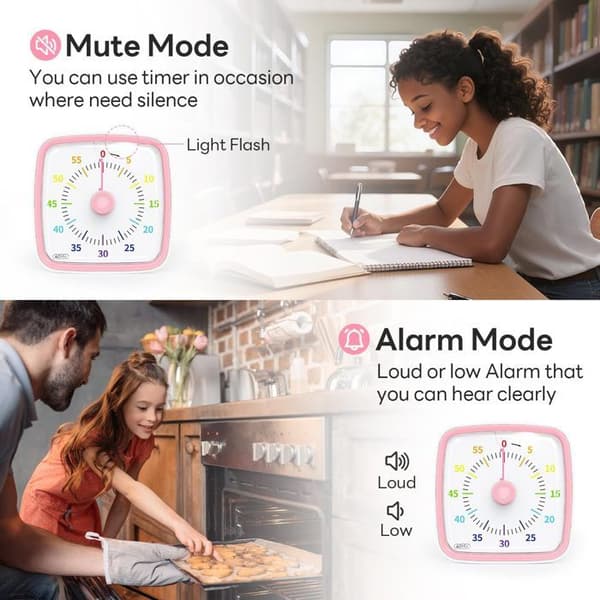 Visuel timer til børn – 60-minutters nedtælling med lydløs flash – velegnet til klasseværelser (Pink)
