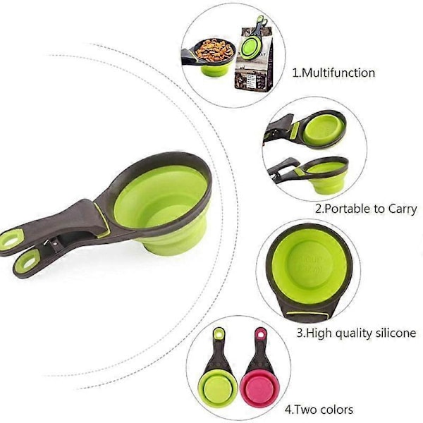 Ny stil Sammenklappelig kæledyrsfoderske med poseforseglingsclips, Multifunktionel kæledyrsfodermålekop, Hund Kat Fodring Silikoneske Foldbar Kæledyrshundemad Light Green 237ml