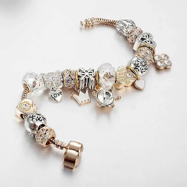 Dam Smycken Guldberlockarmband Pandora Inspirerad Stil m/Ros Silverfärg 19CM Hjärta Berlocker, Armband Y2K, Handsmycken, Armband för Kvinnor-tonåringar Gold Crown