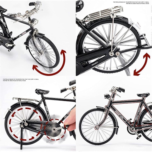 DIY Retro Cykelmodell Ornament för Barn, 1:10 Simulation Mini Cykelmodell Skala Kit med Pump och Portfölj, Finger Cykelmodeller Leksaker, Svart