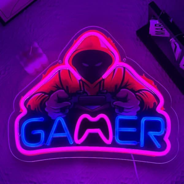 Gamer Neonskilt – LED Spilcontroller Logo – Gaming Indretningslys – Fed Gaveidé