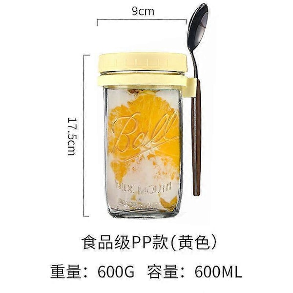Glasbehållare för Havregryn med Sked - 350ml Flerfärgad 30 cl Mason Jar med Bred Öppning för Overnight Oats, Flingor, Yoghurt - Lufttät Förslutning och Läcksäkert Lock Yellow 600ML