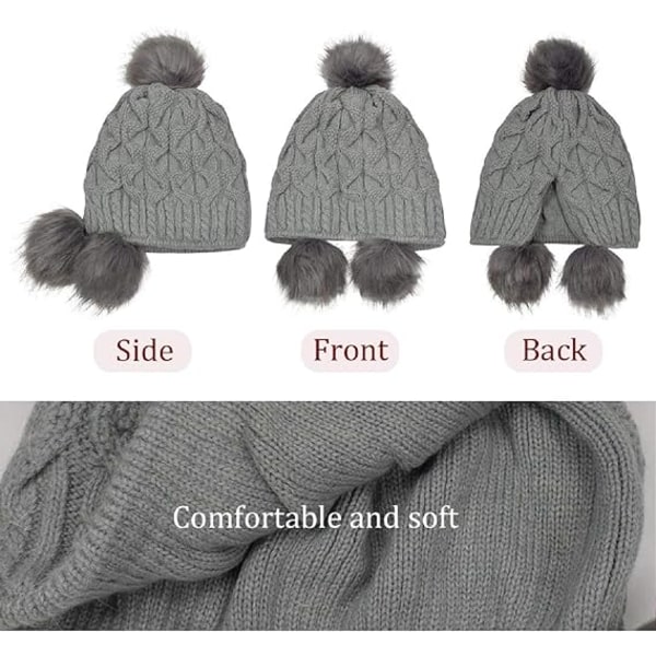 Kvinder strikket hue Vinter varm hue hue med Pom Pom Bobble Hat Style med vindtætte øreklapper (grå)