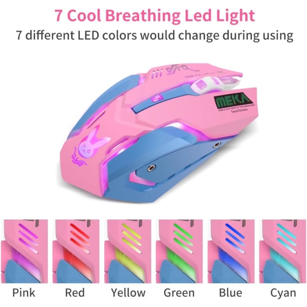 Gamingmus, 7 farver Baggrundsbelyst Optisk Gaming trådløse mus Ergonomisk med 2400 DPI og 6 knapper 4 Optagelse med Nano Receiver, Pink