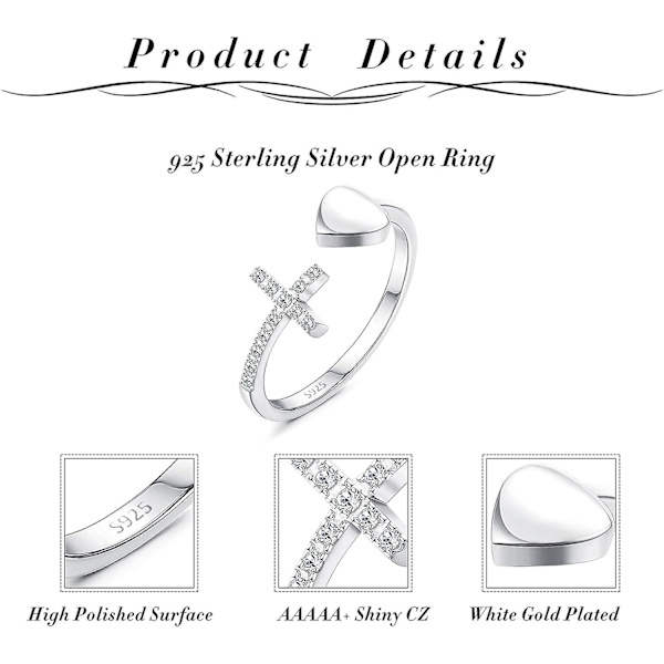 925 Sterling Sølv Ring Korsringe Kvinder Mænd Kærlighed Hjerte Åben Ring Cubic Zirconia Ring Justerbar