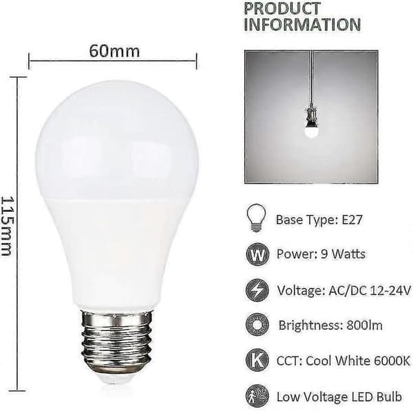 E27 9W LED-lampor, kallvit 6000K, motsvarande 75W halogen, 12V, 12V/24V strömförsörjning, 4-pack.