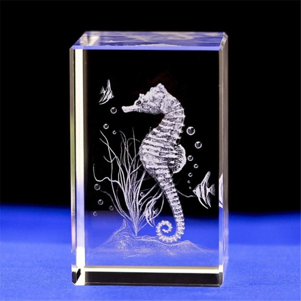 Kristallglas sjöhäst staty modell, 3D laseretsad kristall sjöhäst figur konst, djur kristallglas kub gravyr sjöhäst prydnader (5 * 5 * 8 cm)