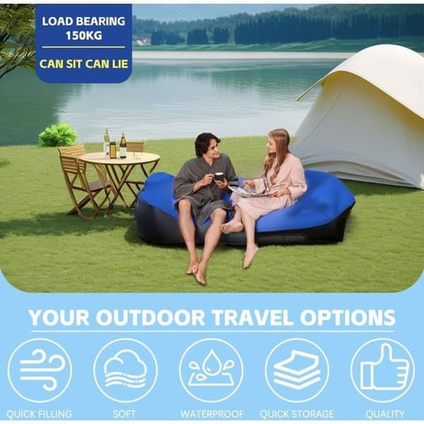 Oppustelig strandliggestol 200x70 cm, blå/sort polyester, luftfyldt udendørs hængekøjestol til camping/strand