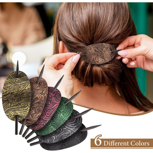 6PCS Hårklämma med pinne, Faux Läder Oval Form Hårklämmor Hår Slider Pin Hästsvanshållare, Bohemian Style Hårtillbehör Klämma