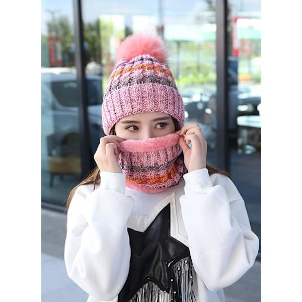 Vinterstrikket lue- og skjerfsett for kvinner, beanie med pompom Pink
