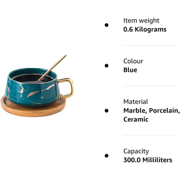 Porselen tekopp og kaffekoppsett for ettermiddagste - Marmormønster (kort 301 ml + treskål)