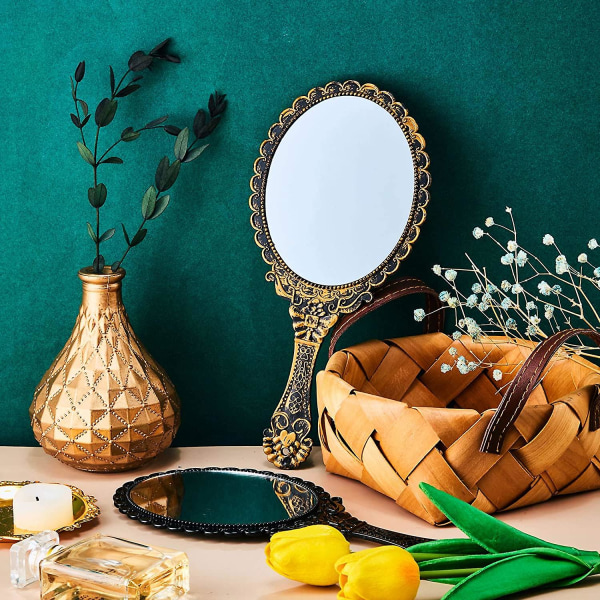 Vintage kädessä pidettävä peili Kannettava kohokuvioitu kukkapeili käsissä pidettävät koristepeilit kompakti peili kahvalla kasvomeikkiin Matka henkilökohtainen kosmetiikka