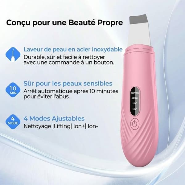 Ultralyd hudskrubber - Ansiktsrensespatel og hudormfjerner med 4 moduser (rosa)